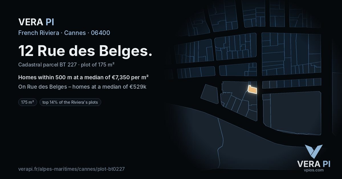12 Rue des Belges, Cannes at night – the plot lit, the parcels around coloured by the prices near them