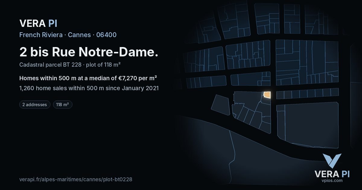 2 bis Rue Notre-Dame, Cannes at night – the plot lit, the parcels around coloured by the prices near them
