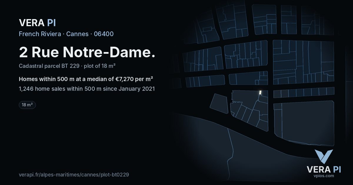 2 Rue Notre-Dame, Cannes at night – the plot lit, the parcels around coloured by the prices near them