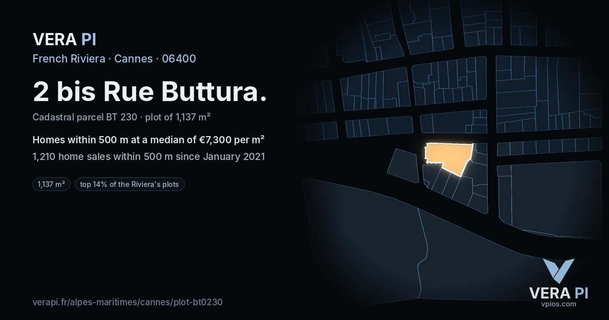 2 bis Rue Buttura, Cannes at night – the plot lit, the parcels around coloured by the prices near them
