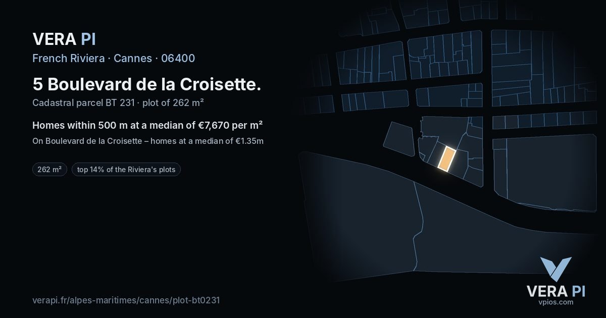 5 Boulevard de la Croisette, Cannes at night – the plot lit, the parcels around coloured by the prices near them