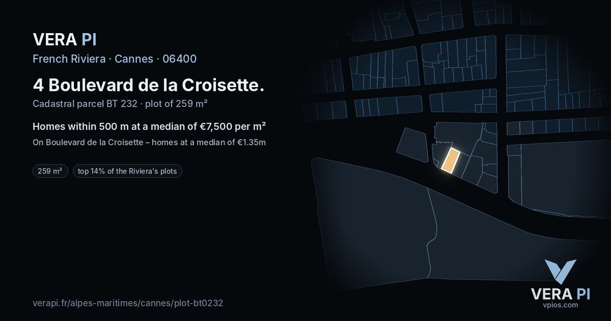 4 Boulevard de la Croisette, Cannes at night – the plot lit, the parcels around coloured by the prices near them