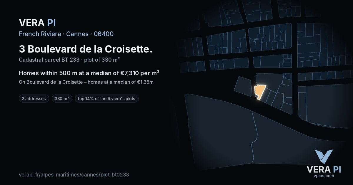 3 Boulevard de la Croisette, Cannes at night – the plot lit, the parcels around coloured by the prices near them