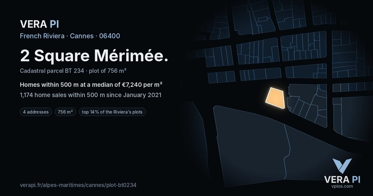 2 Square Mérimée, Cannes at night – the plot lit, the parcels around coloured by the prices near them