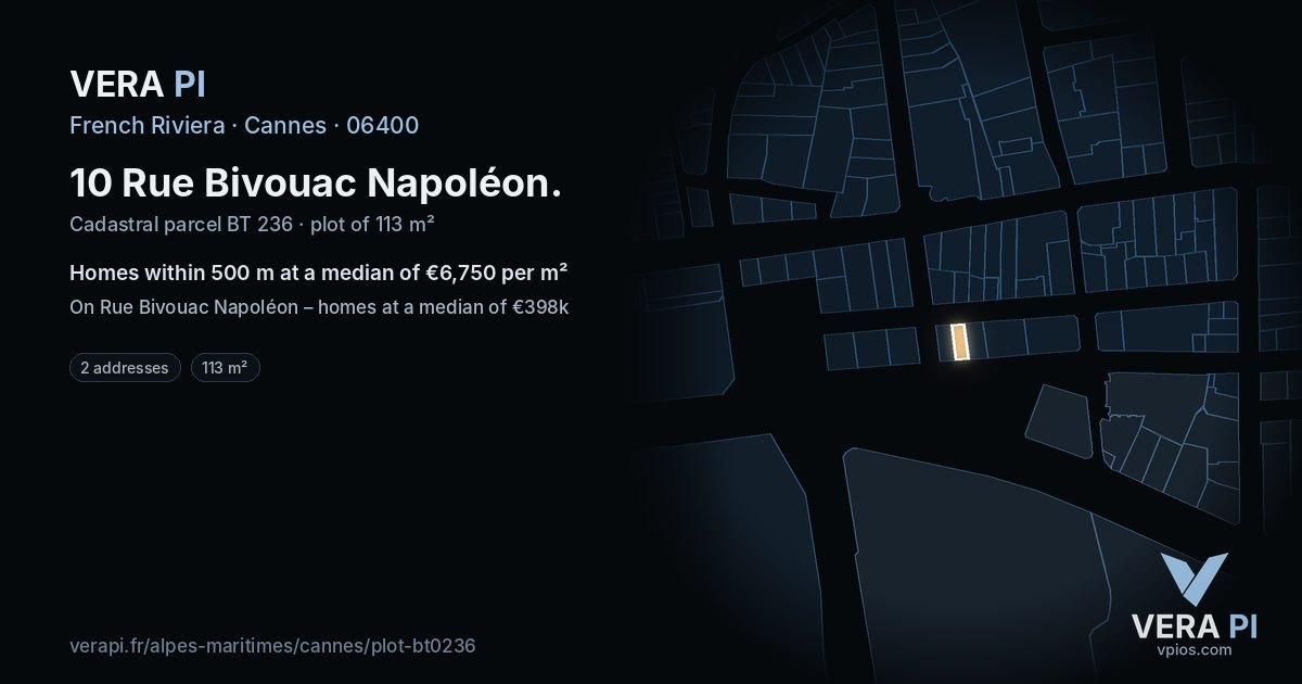 10 Rue Bivouac Napoléon, Cannes at night – the plot lit, the parcels around coloured by the prices near them