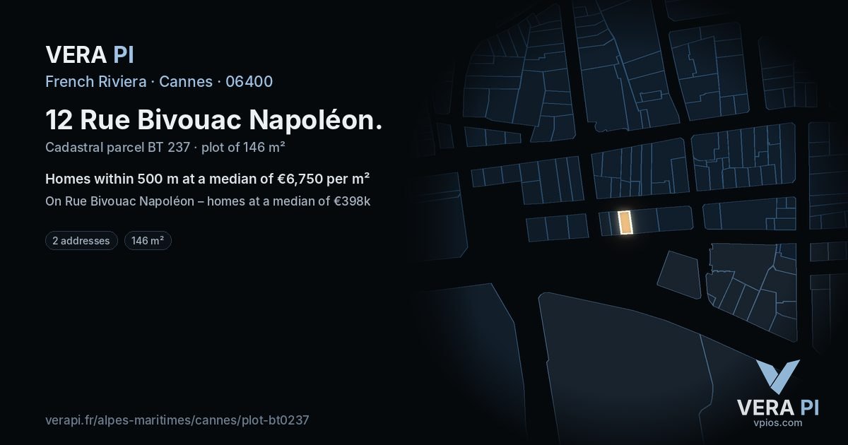 12 Rue Bivouac Napoléon, Cannes at night – the plot lit, the parcels around coloured by the prices near them
