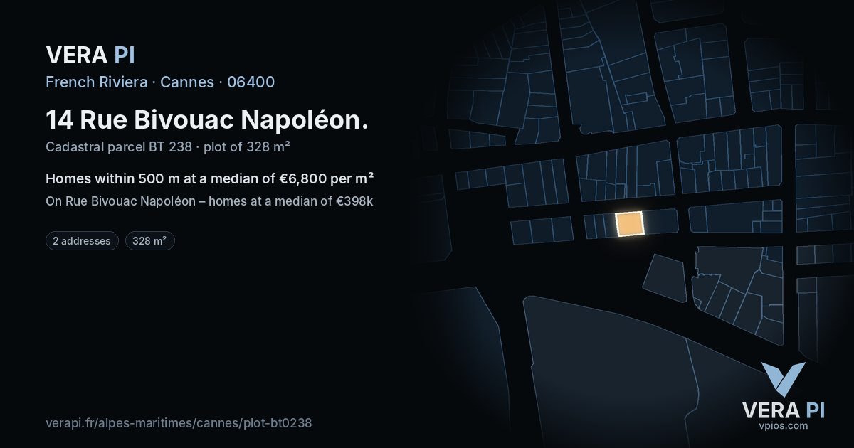 14 Rue Bivouac Napoléon, Cannes at night – the plot lit, the parcels around coloured by the prices near them