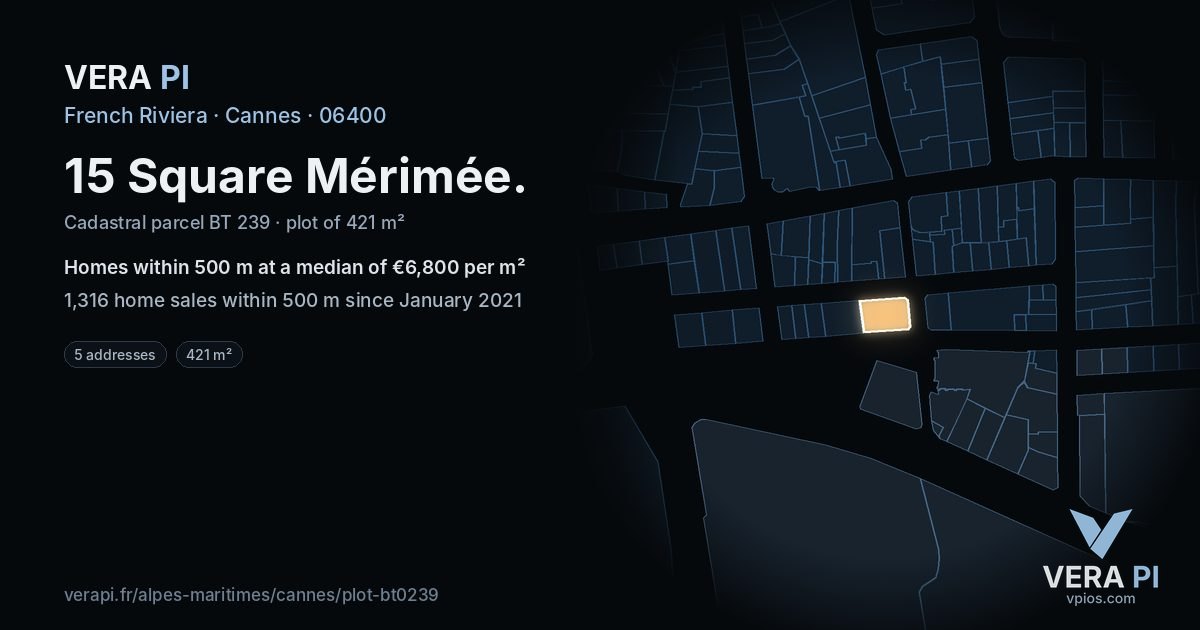 15 Square Mérimée, Cannes at night – the plot lit, the parcels around coloured by the prices near them