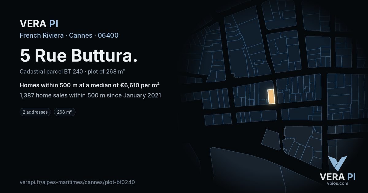 5 Rue Buttura, Cannes at night – the plot lit, the parcels around coloured by the prices near them