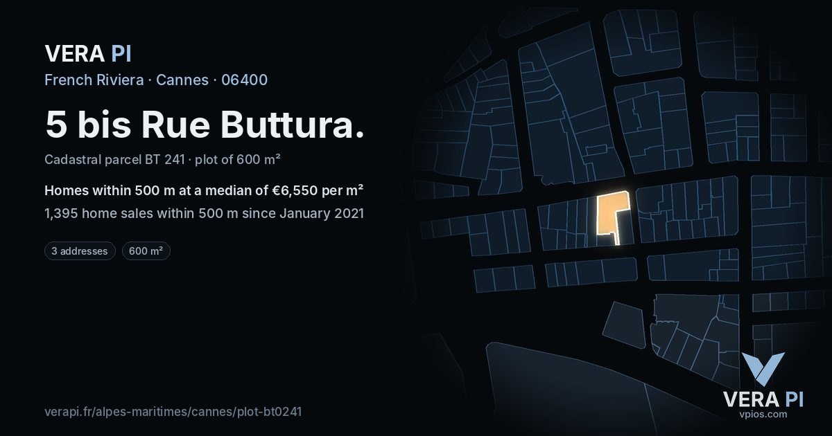 5 bis Rue Buttura, Cannes at night – the plot lit, the parcels around coloured by the prices near them