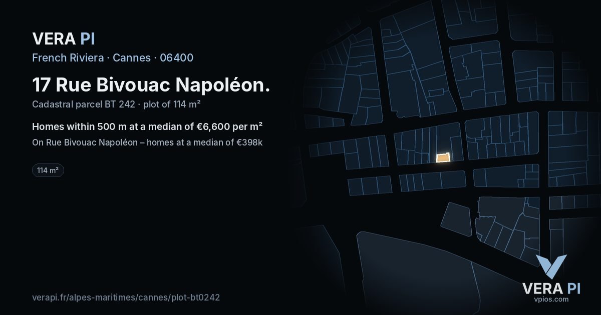 17 Rue Bivouac Napoléon, Cannes at night – the plot lit, the parcels around coloured by the prices near them
