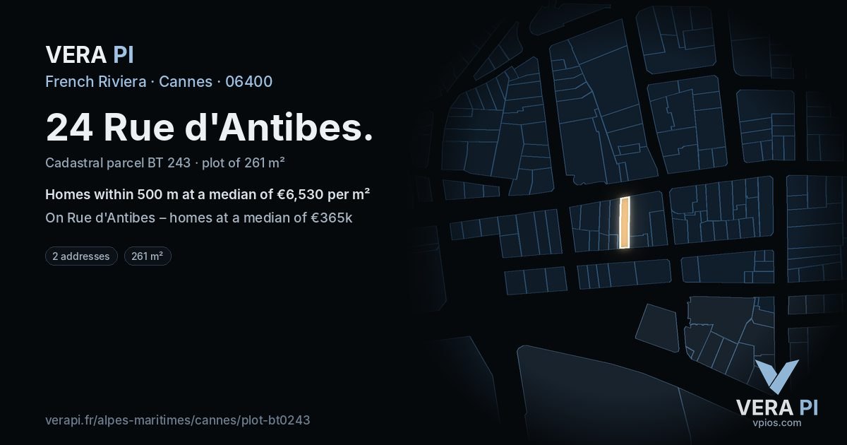 24 Rue d'Antibes, Cannes at night – the plot lit, the parcels around coloured by the prices near them
