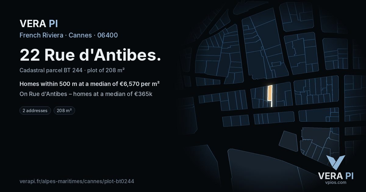 22 Rue d'Antibes, Cannes at night – the plot lit, the parcels around coloured by the prices near them
