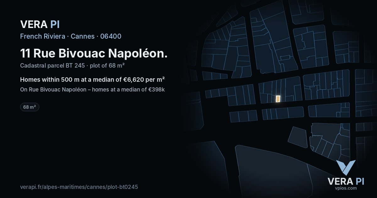 11 Rue Bivouac Napoléon, Cannes at night – the plot lit, the parcels around coloured by the prices near them
