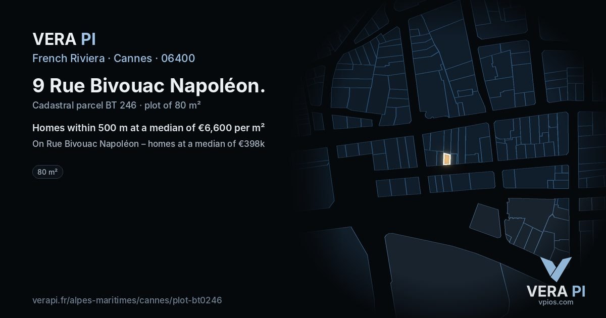 9 Rue Bivouac Napoléon, Cannes at night – the plot lit, the parcels around coloured by the prices near them