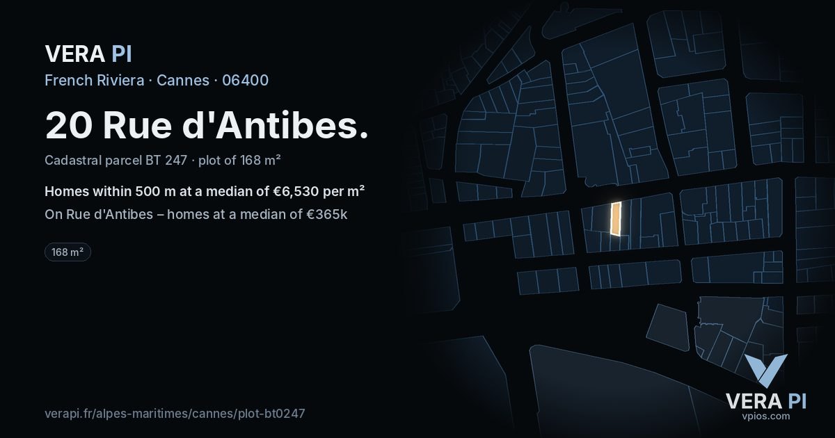 20 Rue d'Antibes, Cannes at night – the plot lit, the parcels around coloured by the prices near them