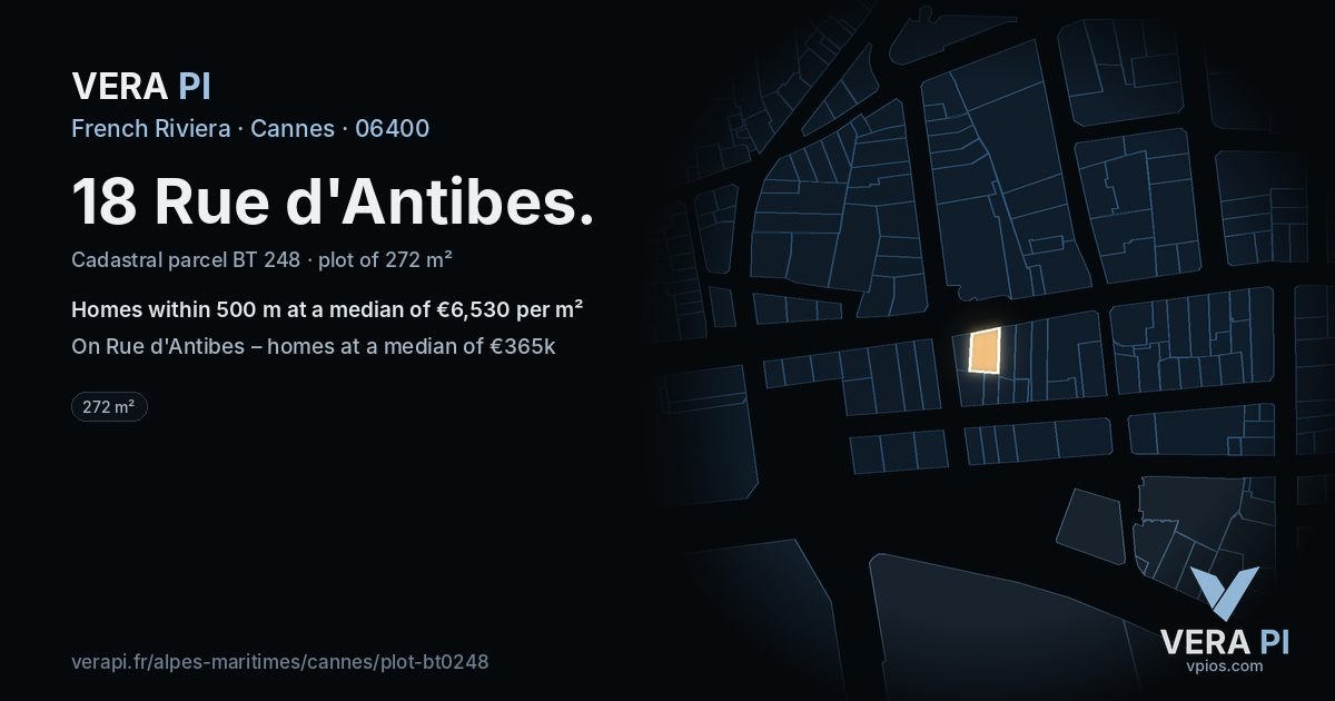 18 Rue d'Antibes, Cannes at night – the plot lit, the parcels around coloured by the prices near them