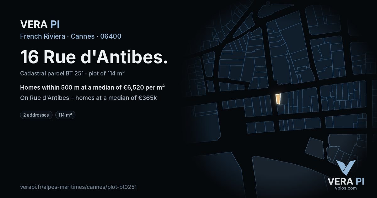 16 Rue d'Antibes, Cannes at night – the plot lit, the parcels around coloured by the prices near them