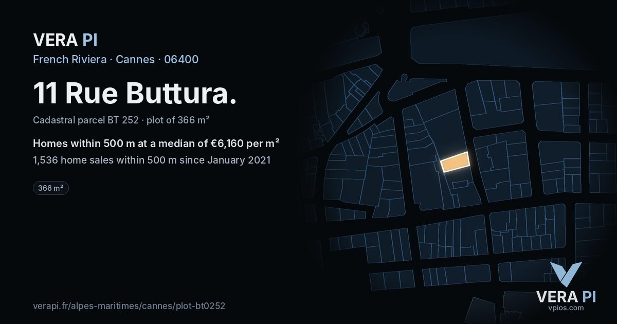 11 Rue Buttura, Cannes at night – the plot lit, the parcels around coloured by the prices near them