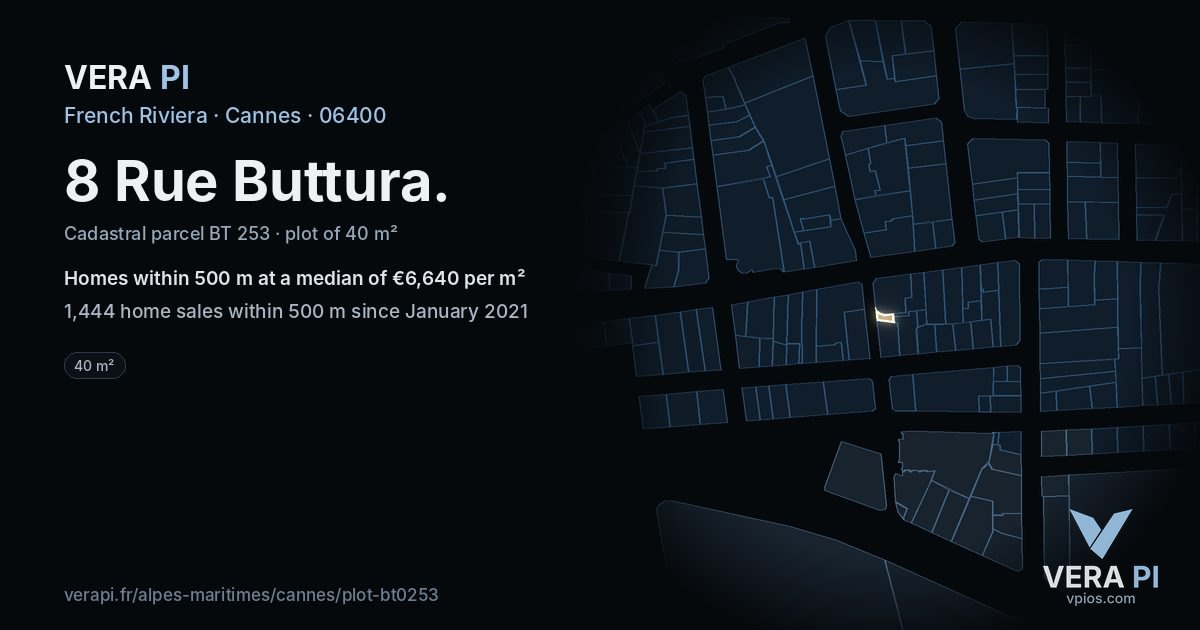 8 Rue Buttura, Cannes at night – the plot lit, the parcels around coloured by the prices near them
