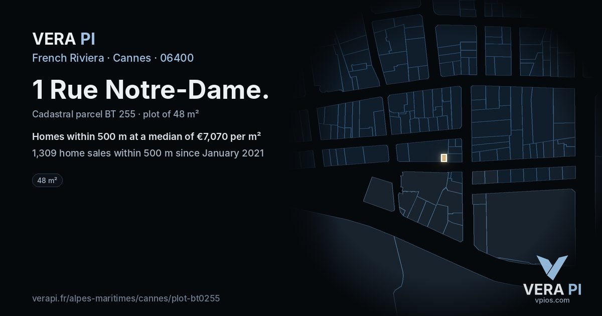 1 Rue Notre-Dame, Cannes at night – the plot lit, the parcels around coloured by the prices near them