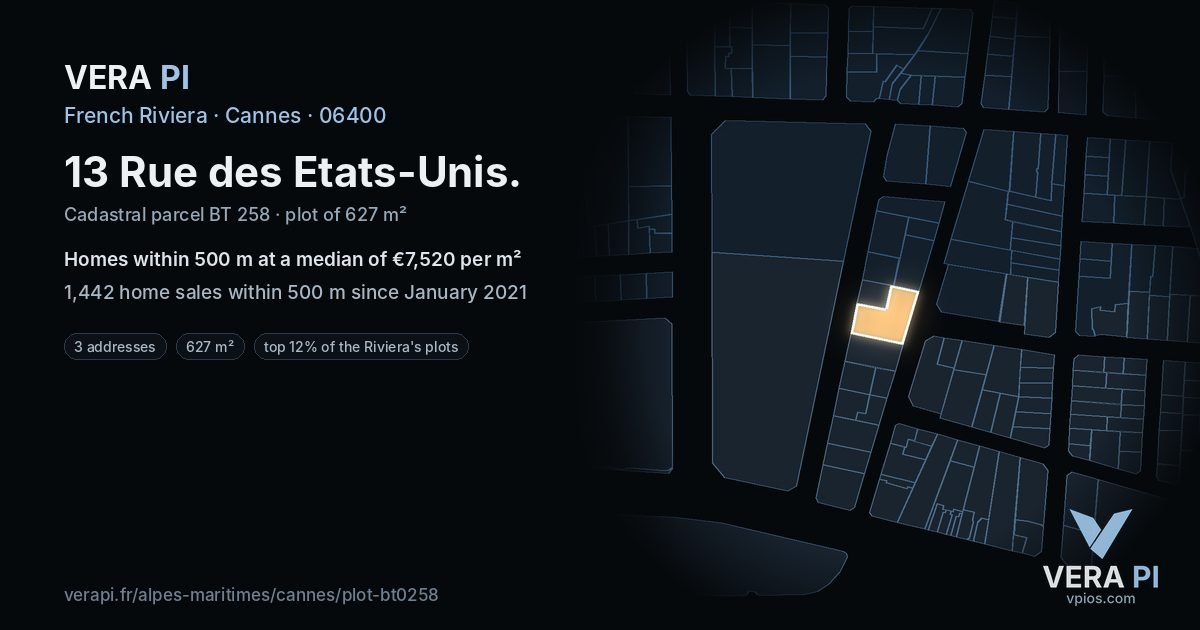 13 Rue des Etats-Unis, Cannes at night – the plot lit, the parcels around coloured by the prices near them