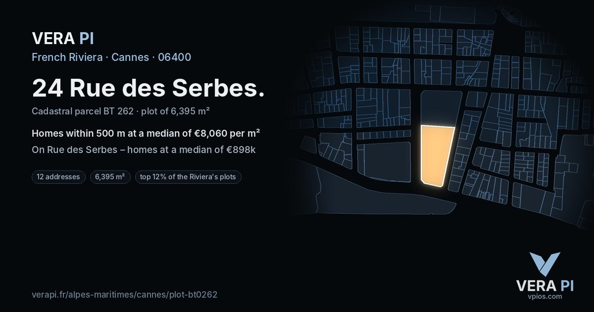24 Rue des Serbes, Cannes at night – the plot lit, the parcels around coloured by the prices near them
