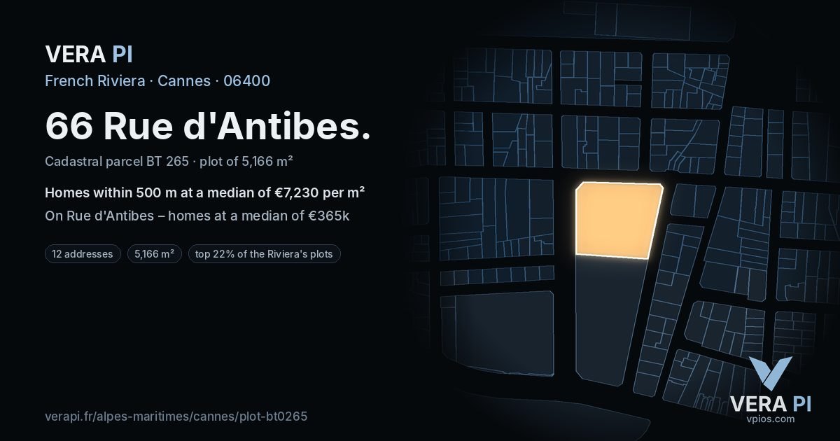66 Rue d'Antibes, Cannes at night – the plot lit, the parcels around coloured by the prices near them