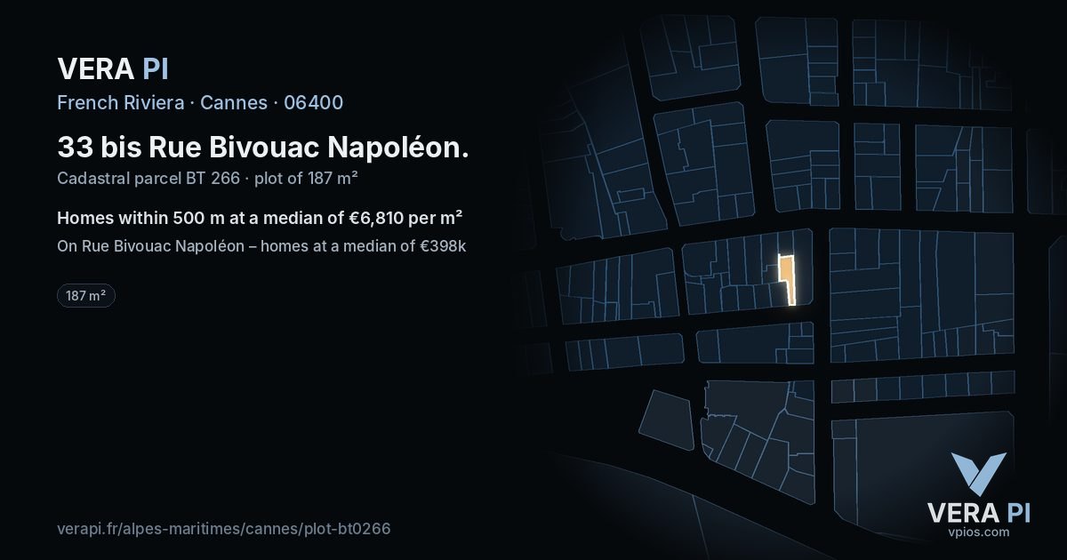 33 bis Rue Bivouac Napoléon, Cannes at night – the plot lit, the parcels around coloured by the prices near them