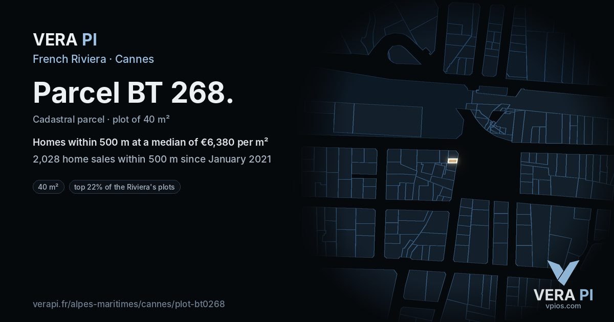 Parcel BT 268, Cannes at night – the plot lit, the parcels around coloured by the prices near them