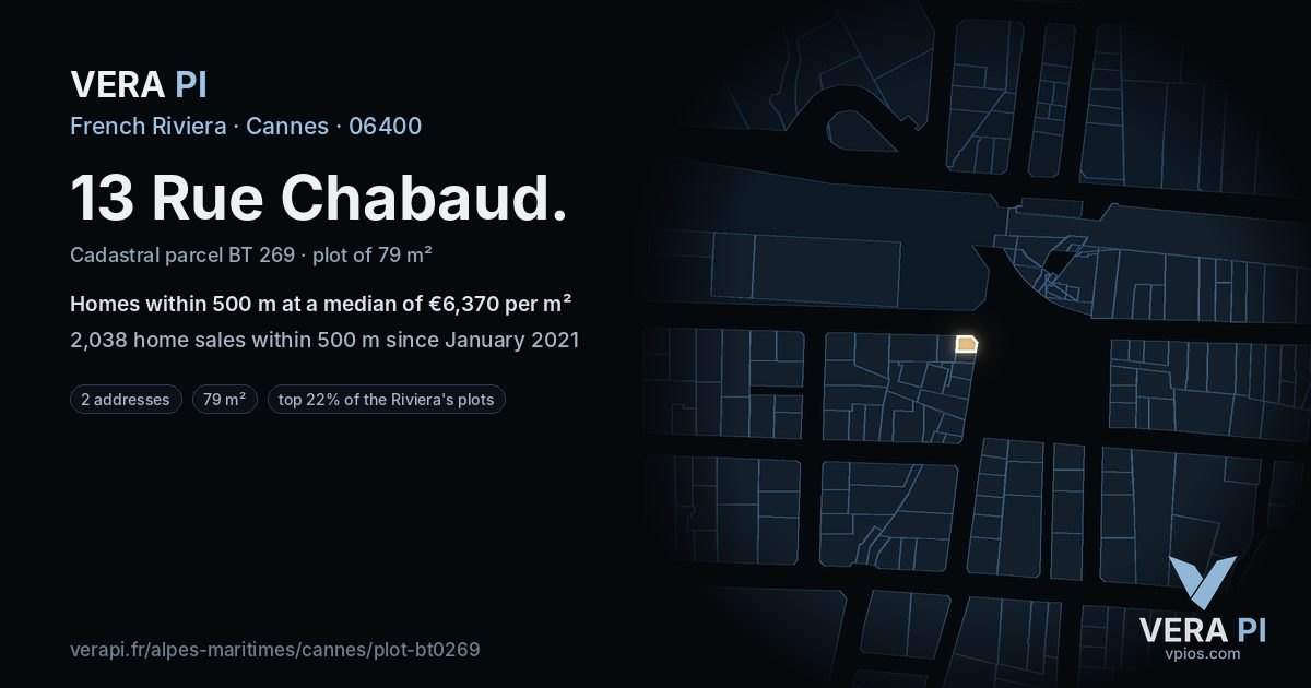 13 Rue Chabaud, Cannes at night – the plot lit, the parcels around coloured by the prices near them