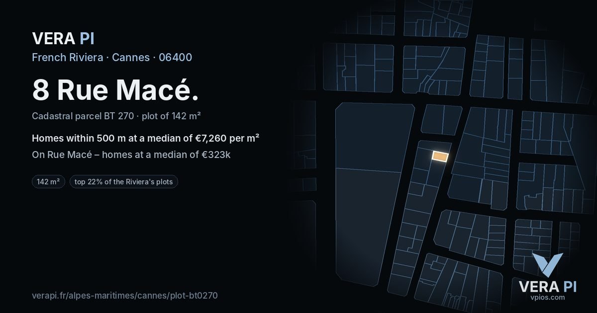 8 Rue Macé, Cannes at night – the plot lit, the parcels around coloured by the prices near them