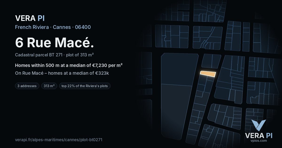 6 Rue Macé, Cannes at night – the plot lit, the parcels around coloured by the prices near them