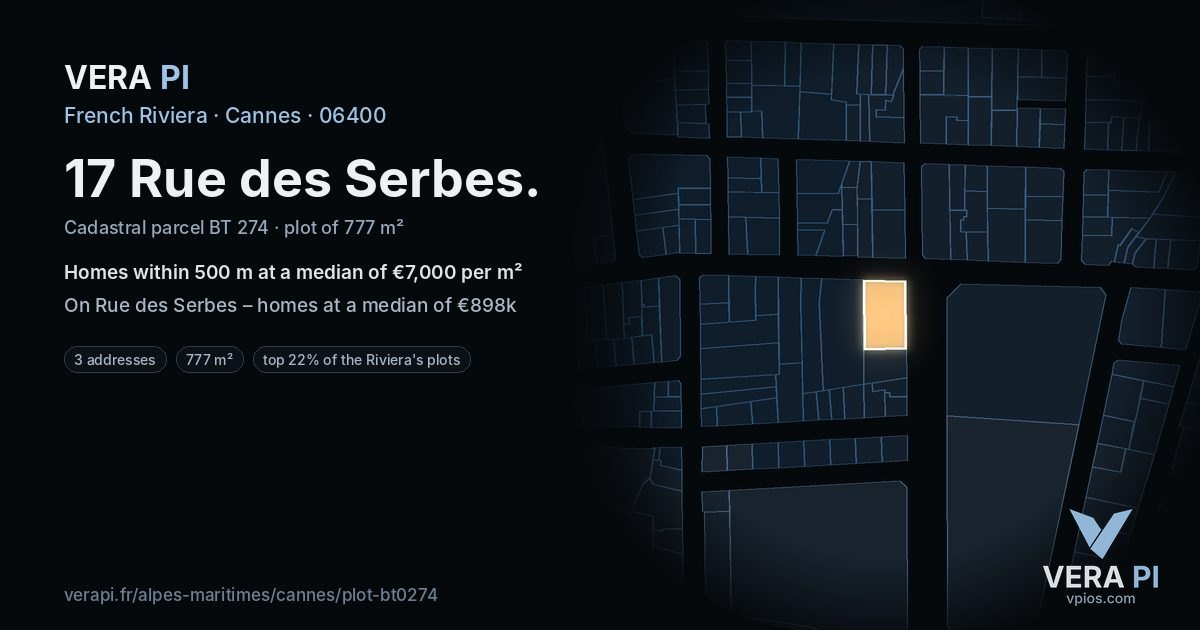 17 Rue des Serbes, Cannes at night – the plot lit, the parcels around coloured by the prices near them