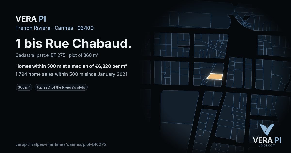 1 bis Rue Chabaud, Cannes at night – the plot lit, the parcels around coloured by the prices near them