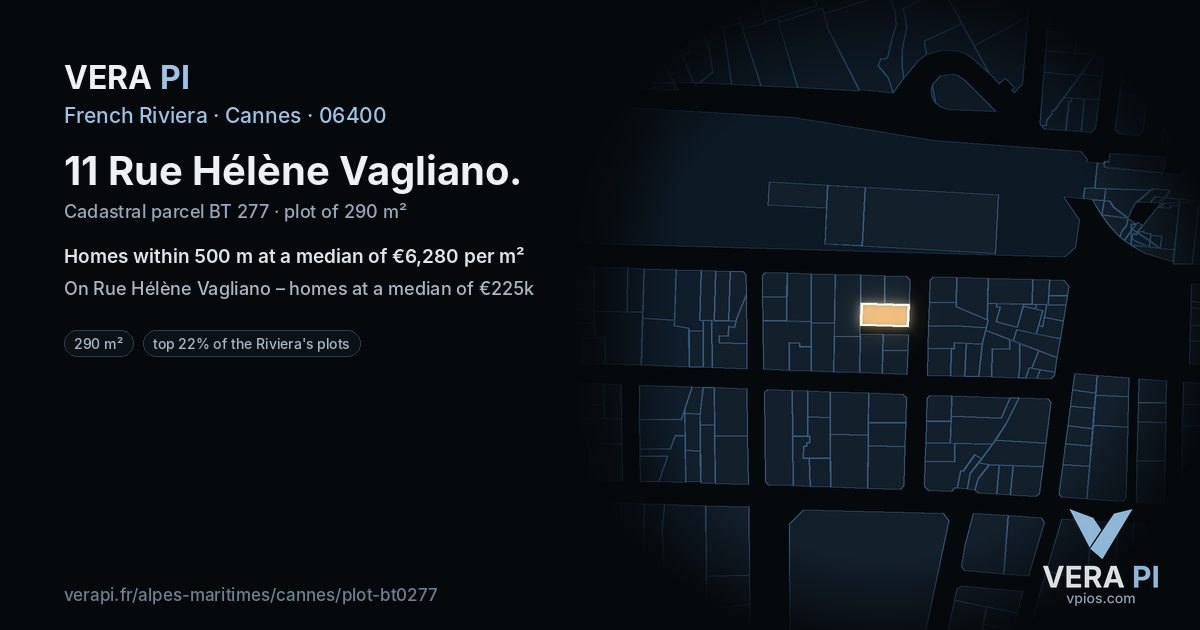 11 Rue Hélène Vagliano, Cannes at night – the plot lit, the parcels around coloured by the prices near them