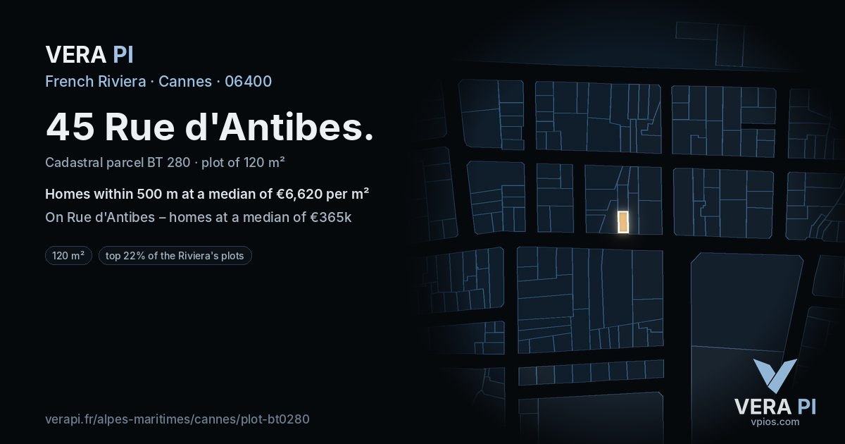 45 Rue d'Antibes, Cannes at night – the plot lit, the parcels around coloured by the prices near them