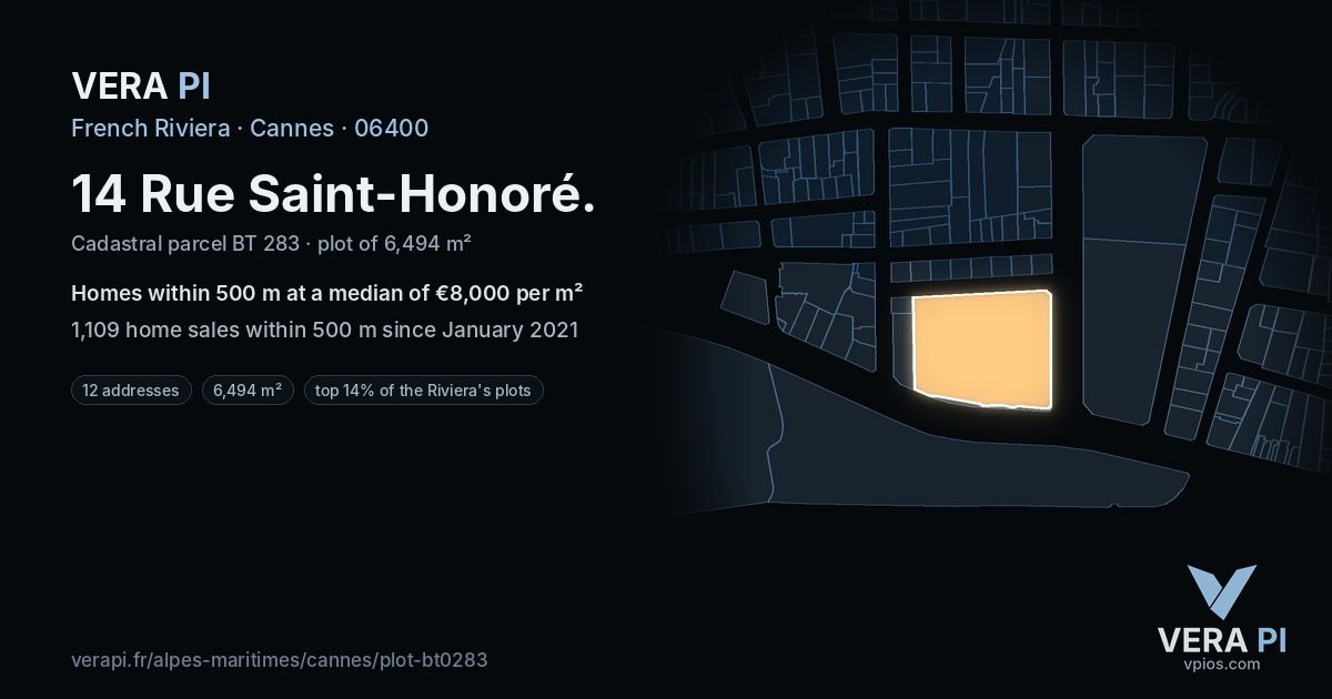 14 Rue Saint-Honoré, Cannes at night – the plot lit, the parcels around coloured by the prices near them