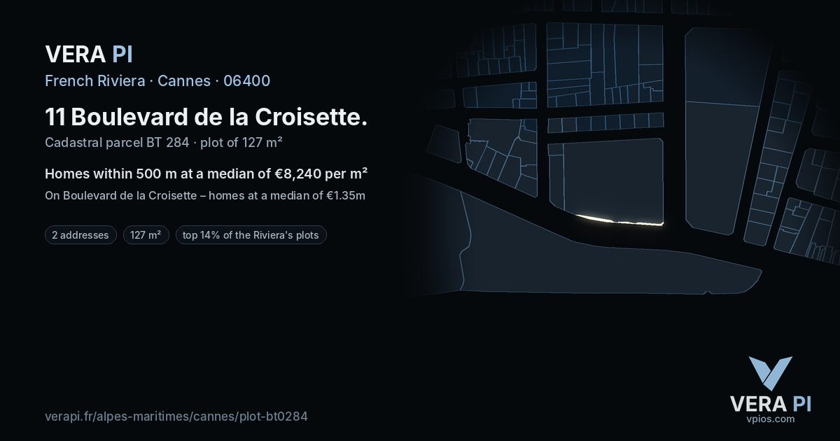 11 Boulevard de la Croisette, Cannes at night – the plot lit, the parcels around coloured by the prices near them