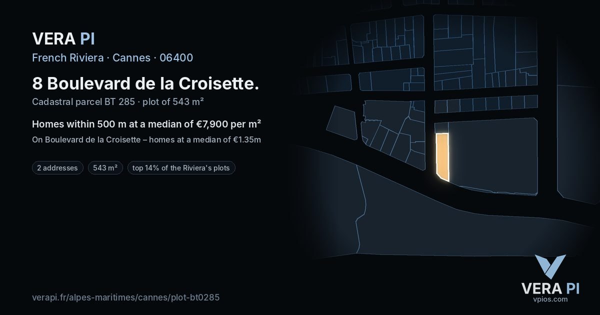 8 Boulevard de la Croisette, Cannes at night – the plot lit, the parcels around coloured by the prices near them