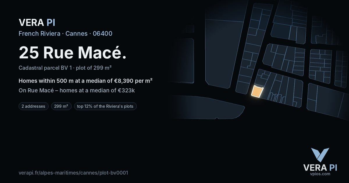 25 Rue Macé, Cannes at night – the plot lit, the parcels around coloured by the prices near them