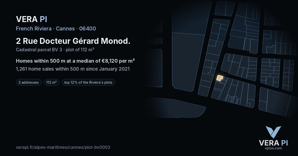 2 Rue Docteur Gérard Monod, Cannes at night – the plot lit, the parcels around coloured by the prices near them