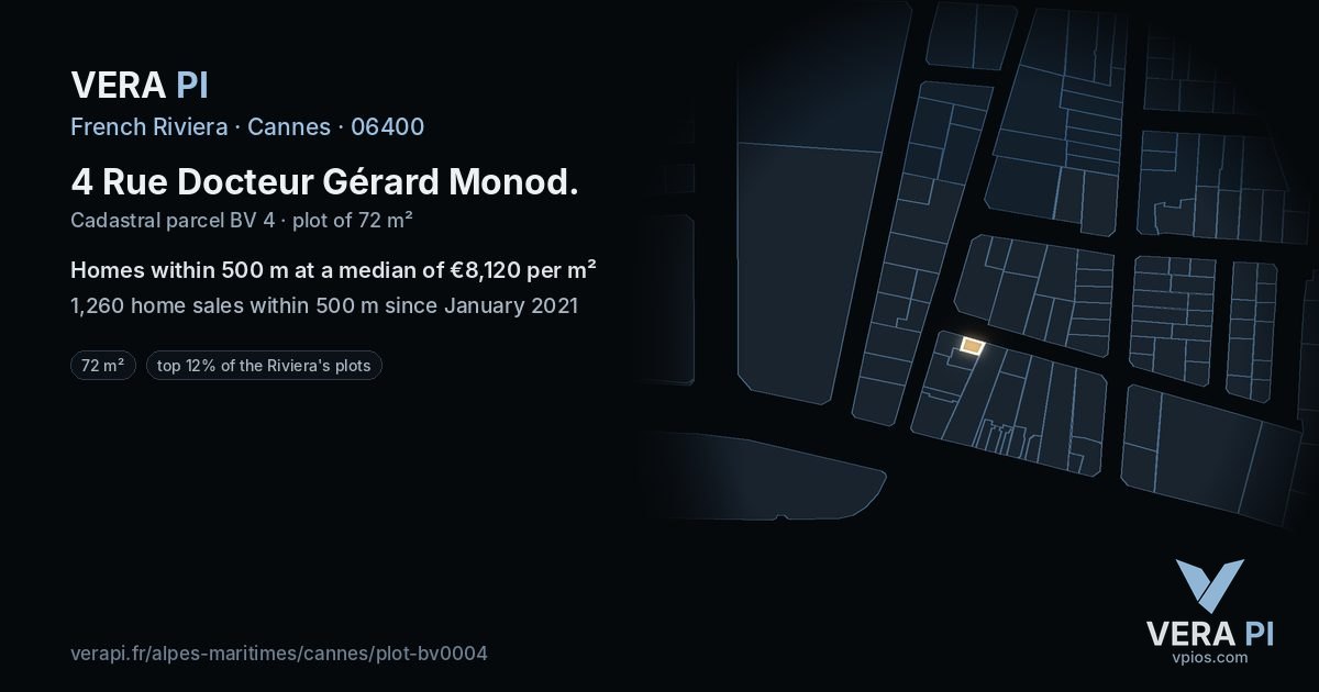 4 Rue Docteur Gérard Monod, Cannes at night – the plot lit, the parcels around coloured by the prices near them