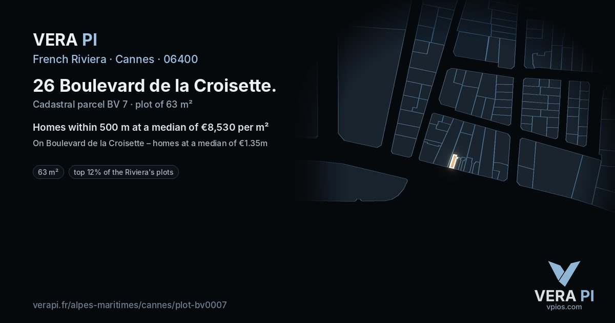 26 Boulevard de la Croisette, Cannes at night – the plot lit, the parcels around coloured by the prices near them