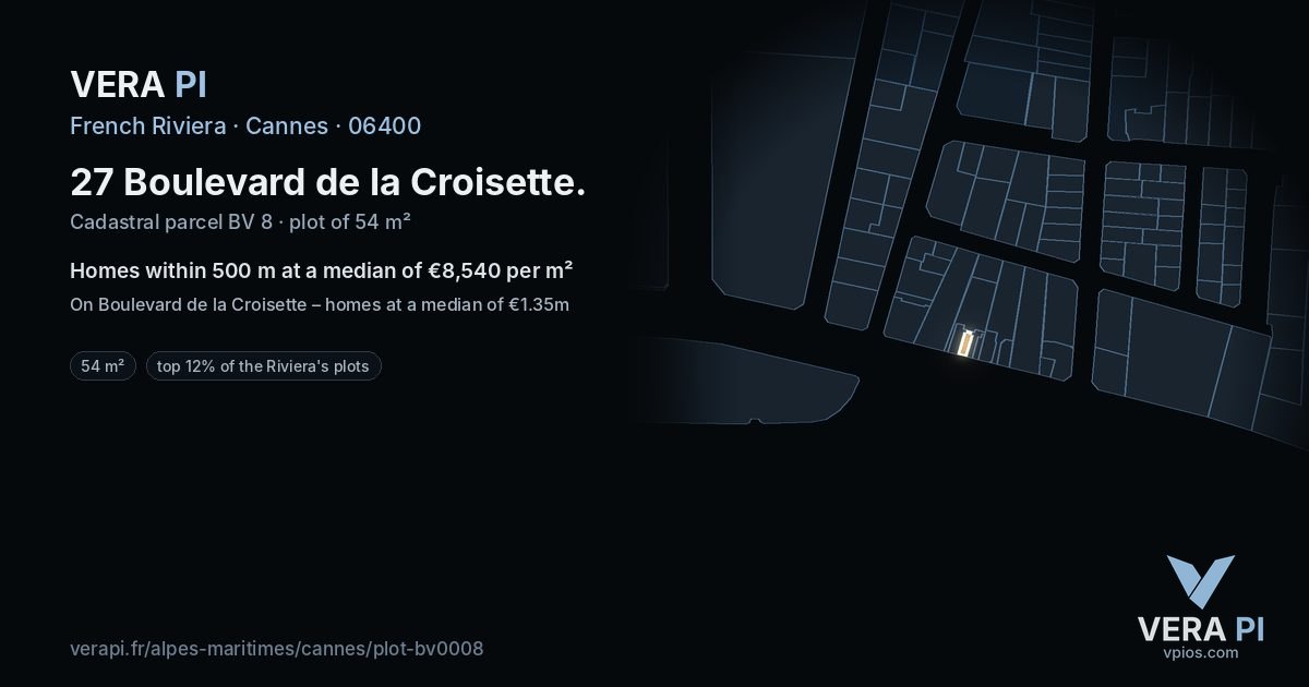 27 Boulevard de la Croisette, Cannes at night – the plot lit, the parcels around coloured by the prices near them