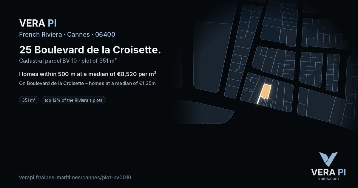 25 Boulevard de la Croisette, Cannes at night – the plot lit, the parcels around coloured by the prices near them