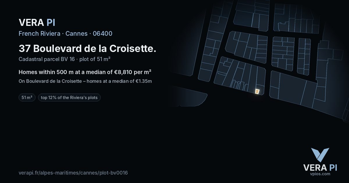 37 Boulevard de la Croisette, Cannes at night – the plot lit, the parcels around coloured by the prices near them