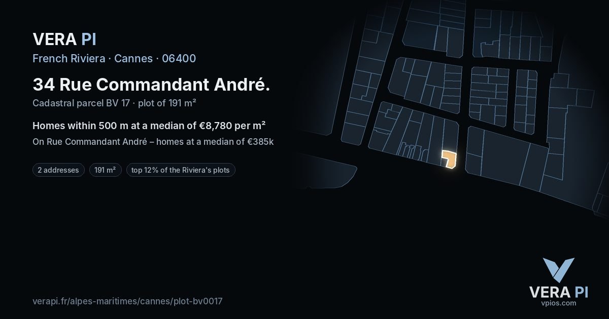 34 Rue Commandant André, Cannes at night – the plot lit, the parcels around coloured by the prices near them