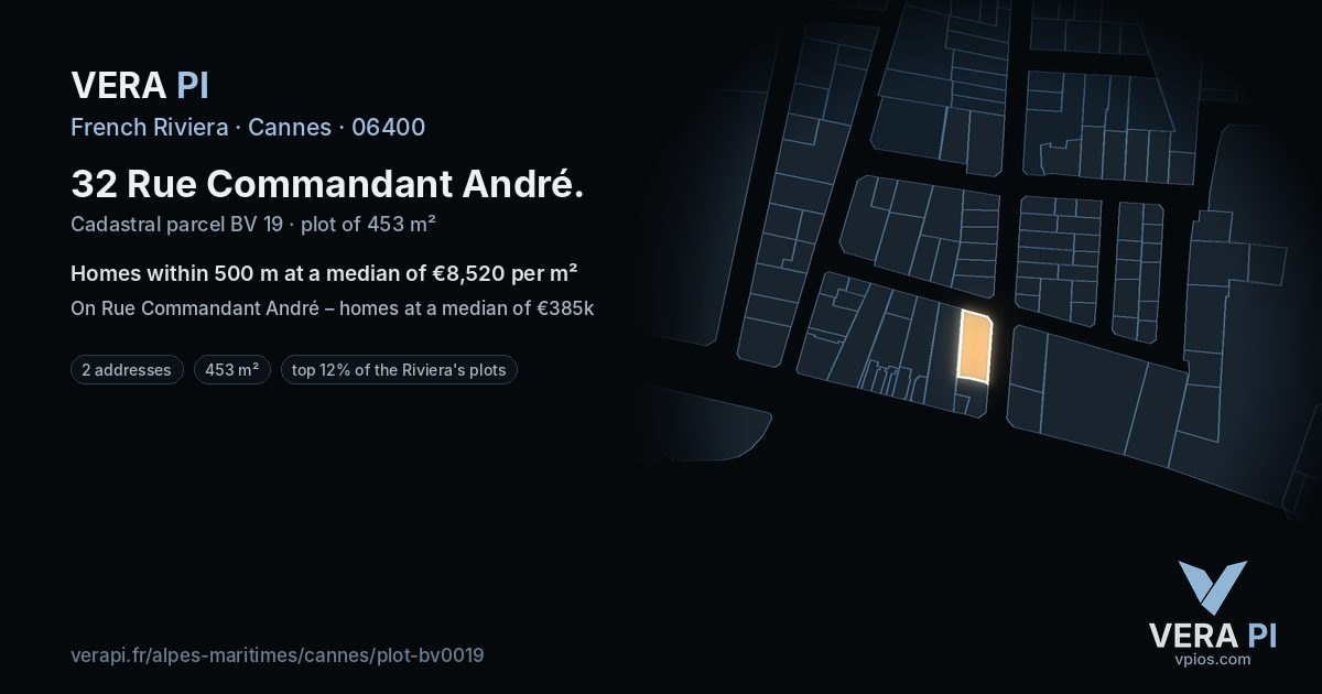 32 Rue Commandant André, Cannes at night – the plot lit, the parcels around coloured by the prices near them