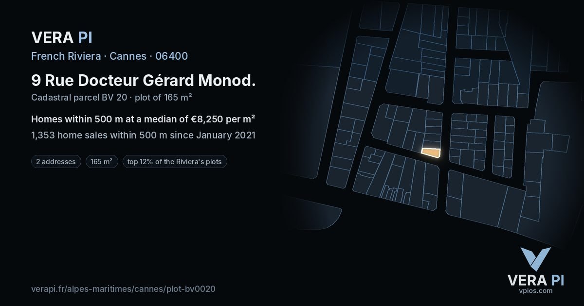 9 Rue Docteur Gérard Monod, Cannes at night – the plot lit, the parcels around coloured by the prices near them